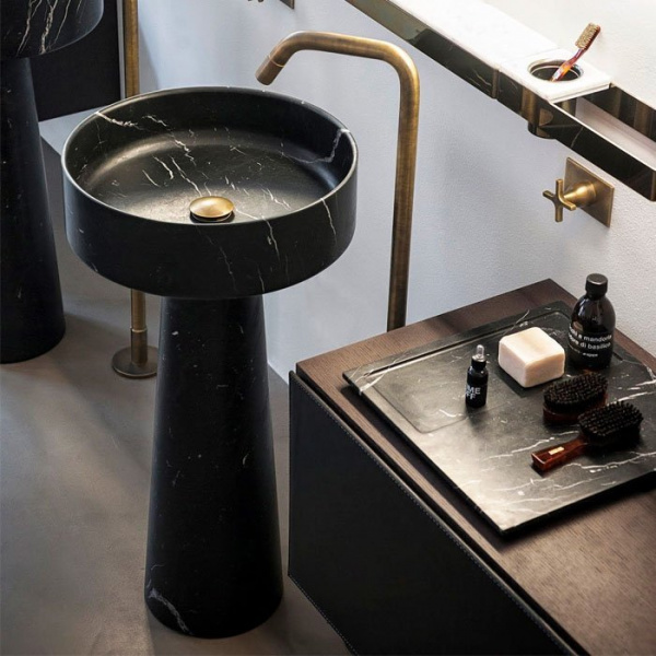 Agape Bjhon Раковина 47 см, без отв., с колонной, выпуск в пол, мрамор Marquina, цвет: черный