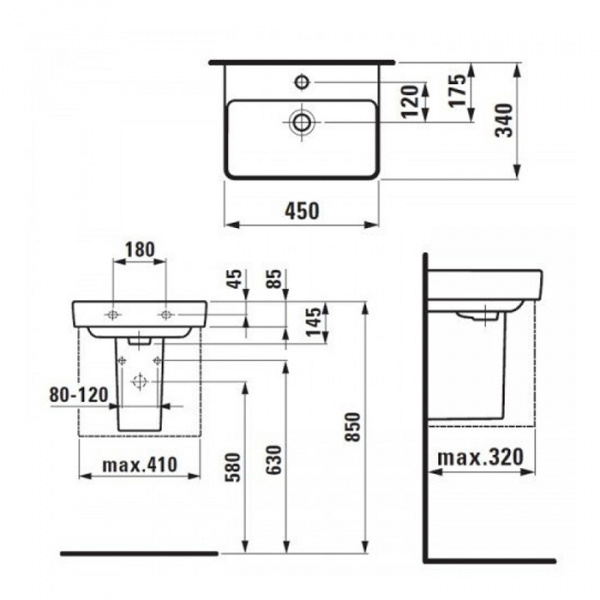 Laufen Pro S Раковина 45х34х8.5 см, 1 отв., подвесная/на столешницу, c переливом, цвет: белый