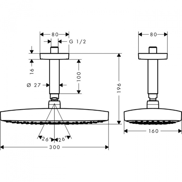 Hansgrohe Raindance Select E Верхний душ, прямоугольный верхний душ, размер: 300*160 мм, 2 типа струи: Rain: широкая дождевая струя, RainAir : объемная дождевая струя с технологией AirPower, кнопка Select для переключения режимов душа, воздушна