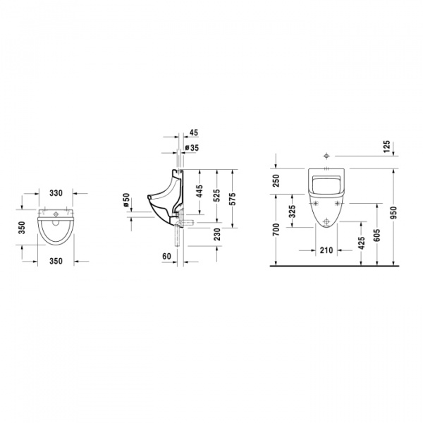 Duravit Starck 3 Писсуар подача воды сверху, с вытяжкой, сток внутренний вертикальный или горизонтальный, включая крепление, модель без „мушки“, 330x3