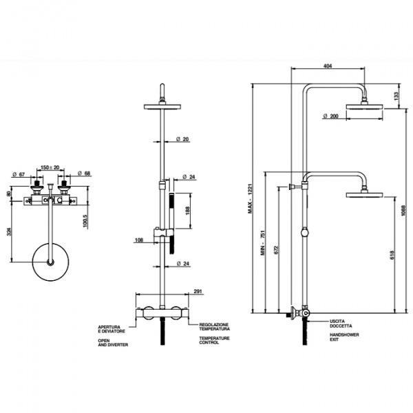 Bongio Душевая стойка с термостатическим смесителем, верхним душем Ø20 см, ручным душем и шлангом, цвет: хром