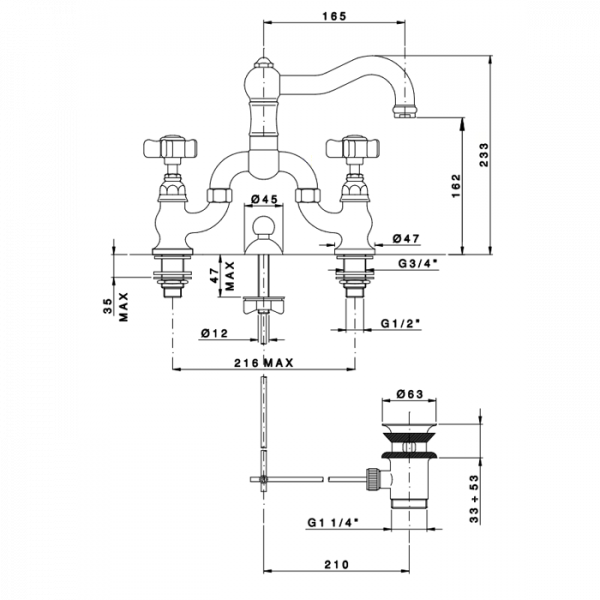 Nicolazzi Dames Anglaises Смеситель для раковины на 3 отверстия, с донным клапаном, межцентр: 216мм, цвет: хром