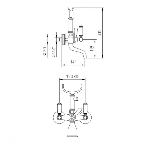 Bossini Liberty Смеситель наружный для ванной с переключателем,лейка LIBERTYцвет:GOM, шланг из латуни дв. фальцевания 150 см, цвет: золото