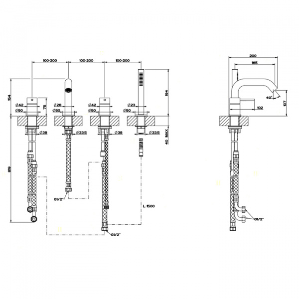 Gessi Bath316 Смеситель для ванны на 4 отверстия, с переключателем, изливом и шлангом 1,50 м, цвет: шлифованная сталь, цвет: шлифованная сталь