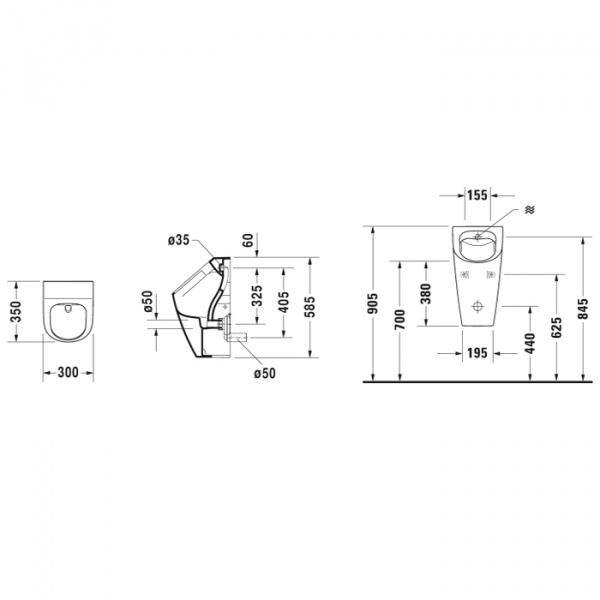 Duravit ME by Starck Писсуар Rimless 0,5л.,безоб., под воды сзади, с вытяж сток гориз., вкл крепление, модель без „мушки, с HygieneGlaze