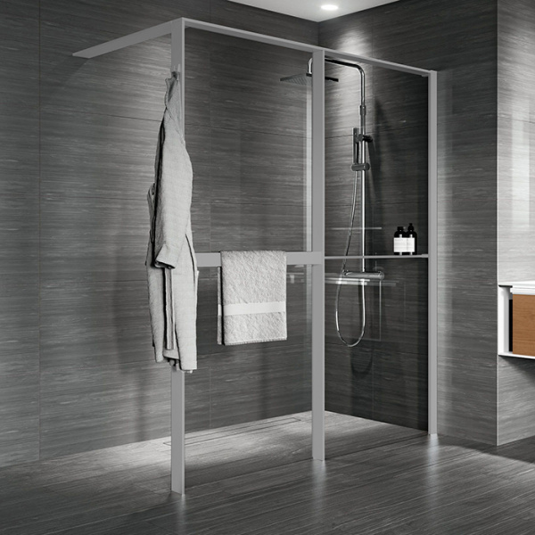 Novellini Kuadra HWZ2 Душевое ограждение 174-177х200cм., с свободным входом, Dx, с полотенцедержателем и полкой, стекло прозрачое, цвет: Silver