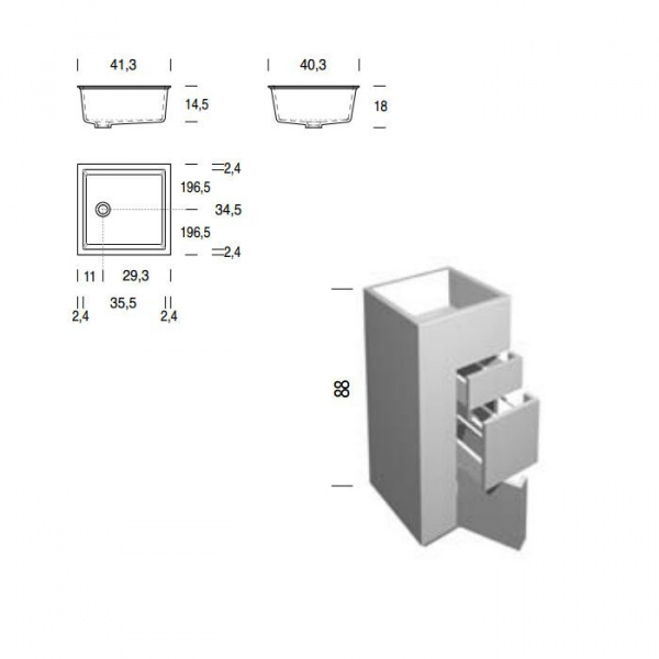 NOORTH milldue edition TOUCH Комплект мебели 41х40х88см, напольный, 3 ящика, слив в пол, раковина Milltek, цвет: Argilla матовый
