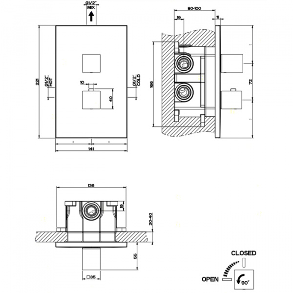 Gessi Rettangolo Встраиваемый термостатический смеситель, 1 источник, подключение на 3/4”, внешняя часть, цвет: хром