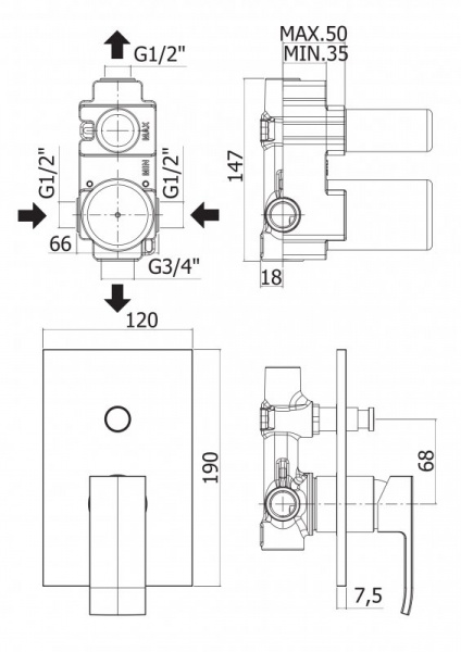 Встраиваемый  смеситель для душа с переключателем CEZARES LIVELLO-VDIM-01