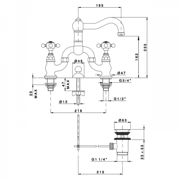 Nicolazzi Half Dome Crystal Смеситель для раковины в виде моста на 3 отверствия, излив: 165 мм, цвет: хром