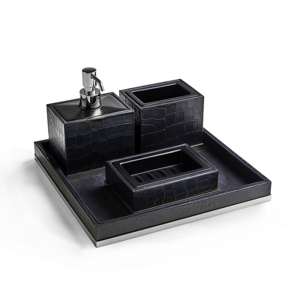 3SC Cocco Комплект: стакан, дозатор, мыльница, лоток, отделка: черная кожа, цвет: хром