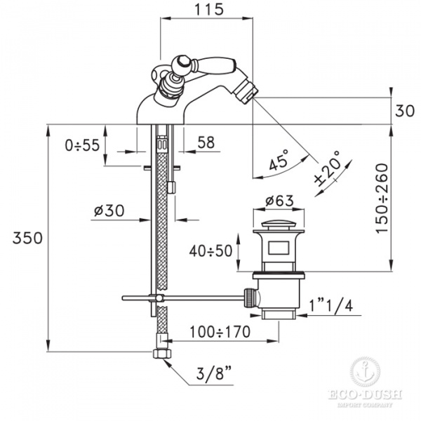 Stella Italica Leve Смеситель для биде на 1 отверстие 3604, с донным клапаном, цвет: хром