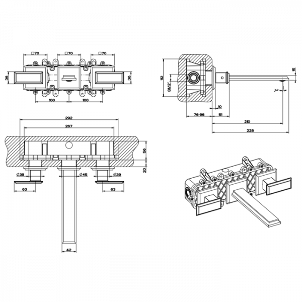Gessi Eleganza Встраиваемый  смеситель для раковины на 3 отверстия, без донного клапана, с изливом, внешняя часть, цвет: хром