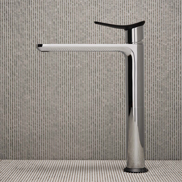 HUBER Harlock Смеситель однорычажный для раковины на 1 отверстие, высокий h225 мм, без донного клапана, цвет: хром/черный матовый,