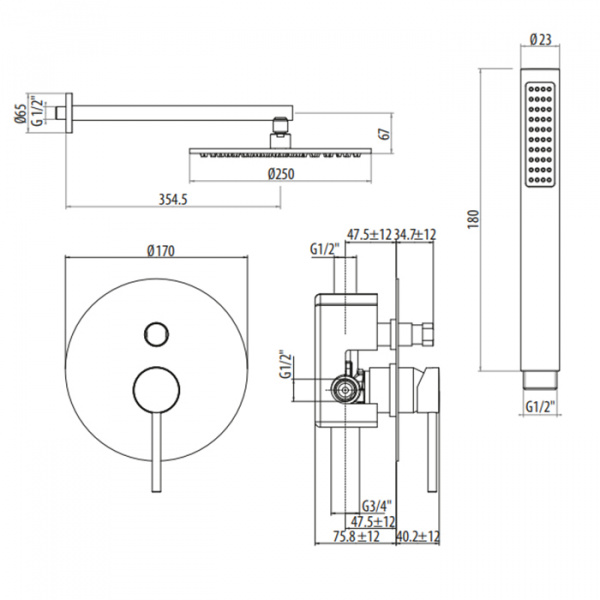Gattoni Circle One Комплект для душа со встроенным смесителем, перекл. на 2 вых, с ручной лейкой и верхним душем 250мм, цвет: хром
