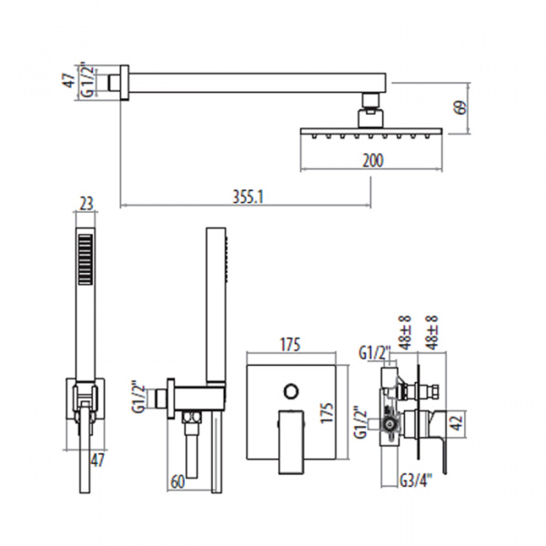 GATTONI KUBIC Душевой набор со смесителем встраеваемый в стену, цвет: хром