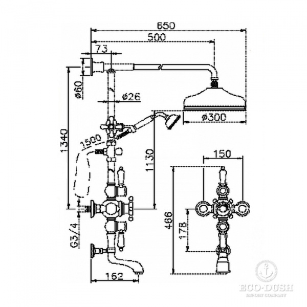 HUBER Victorian Настенная душевая система:термостатический смеситель для ванны,верхний душ Easy Clean,ручной душ с держателем и шлангом, цвет: хром