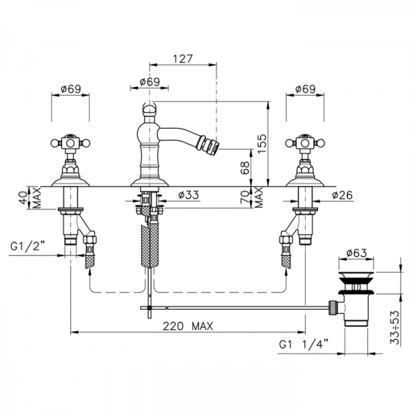 Nicolazzi Half Dome Crystal Смеситель для биде на 3 отверствия с донным клапаном, излив: 127 мм, цвет: хром