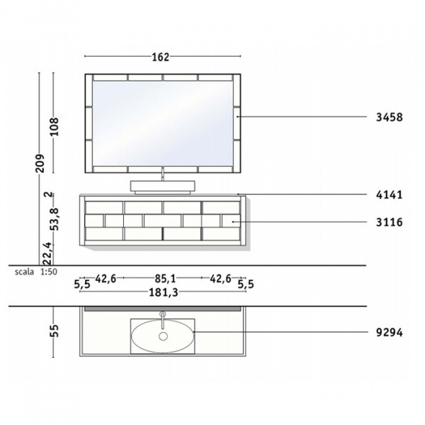 VITAGE milldue edition RITZ Комплект мебели с базой, раковиной PARIGI, зеркалом BERLINO, 181см, Цвет: стекло cannete-75/бл. лак riso-09