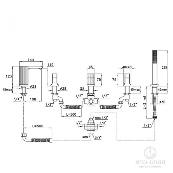 Stella Casanova Смеситель на борт ванны на 5 отверстий 3256TR308, цвет: хром