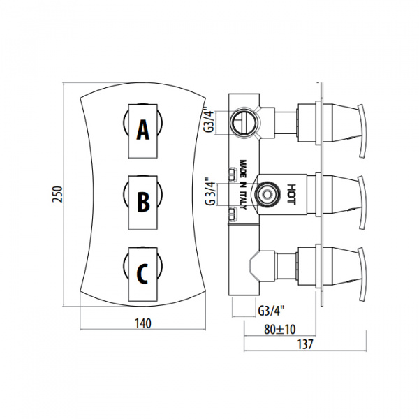 Gattoni Termostatici Термостатический смеситель для душа в современом стиле, 3 рычага на 2 выхода, цвет хром