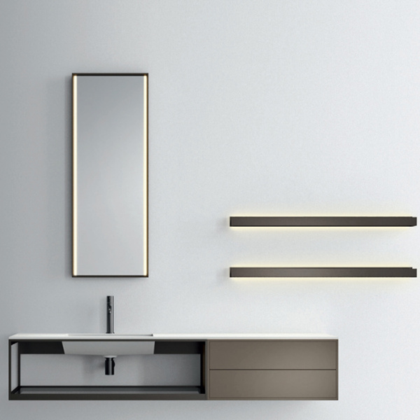 NOORTH milldue edition FJORD Комплект мебели 181.2см в матовом лаке, металле, стекле, с интегрированной раковиной из milltek solid, 2-мя полками с подсветкой, зеркалом с подсветкой Цвет: castoro-11/bazalto-338/fumo