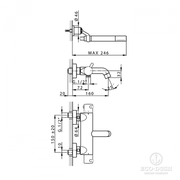CISAL Less New Смеситель термостатический настенный для ванны/душа с ручной лейкой,держателем и шлангом, цвет: черный матовый