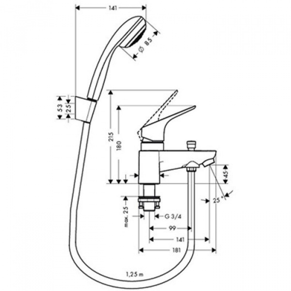 Hansgrohe Focus Смеситель на край ванны на 2 отверстия с переключающим вентилем и ручным душем Crometta 85 1jet