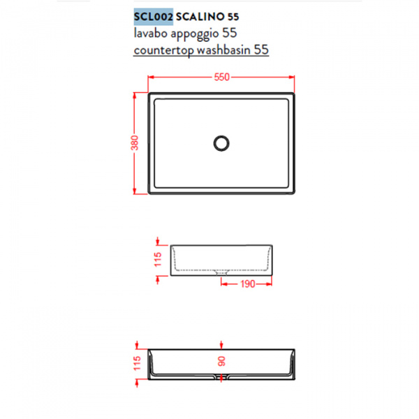 Artceram SCALINO Раковина 38х55 см, без отв., накладная, без слив-перелива, цвет: белый