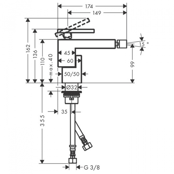 Axor Edge Смеситель для биде, на 1 отв., с донным клапаном push/open, излив 149мм, цвет: черный