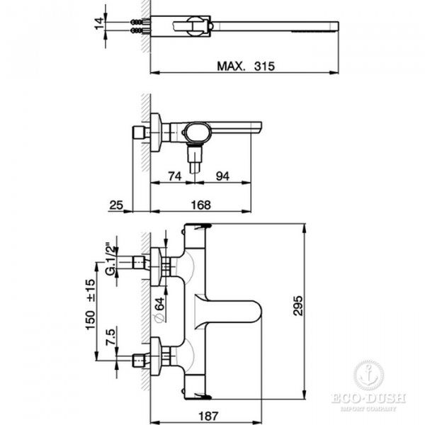 CISAL LineaViva Смеситель термостатический настенный для ванны/душа с ручной лейкой,держателем и шлангом, цвет: хром