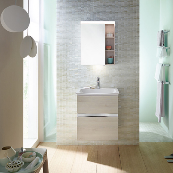 BURGBAD Orell База подвесная  умыв.из мин. литья 580х440х64см.2 выдв ящ., вкл сифон,1 отв под смес., ручка G0137 с зеркальным шкафом, цвет: дуб меринос