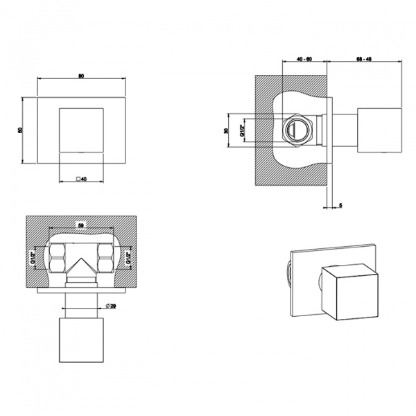 Gessi Rettangolo Встраиваемый запорный вентиль с подключением 1/2”, внешняя часть, цвет: Finox