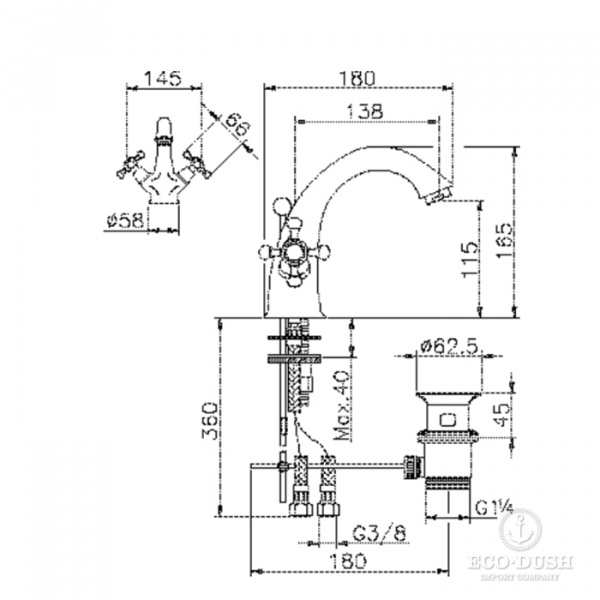 HUBER Victorian Смеситель двухвентильный для раковины на 1 отверстие с донным клапаном, цвет: бронза