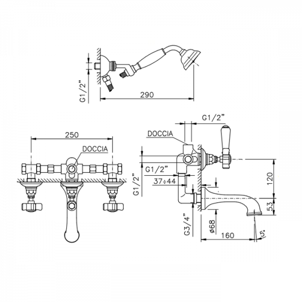 Nicolazzi Dames Anglaises Смеситель для ванны с 2мя ручками, встроенный, излив: 160мм, вкл. внутр часть + комплект руч. Душа, цвет: хром