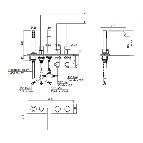 Antonio Lupi Bikappa Смеситель на борт ванны, на 5 отв., излив: 215мм, цвет: хром