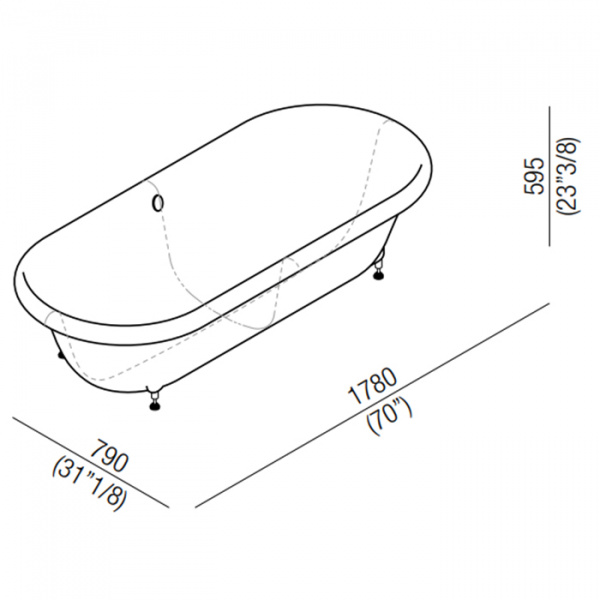 Agape Ottocento Ванна встраиваемая 178х79х59.5 см, слив-перелив нержавеющая сталь