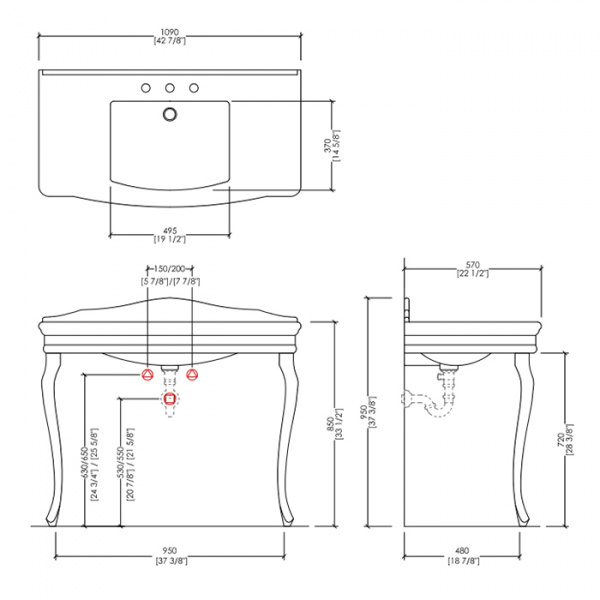 Devon&Devon Colette Декоративная структура 109х37см, с раковиной на 3 отв., цвет ножек: хром