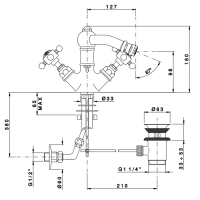 Nicolazzi Half Dome Смеситель для биде с 2мя ручками, на 1 отв., с донным клапаном, излив 127мм, цвет: натуральная латунь