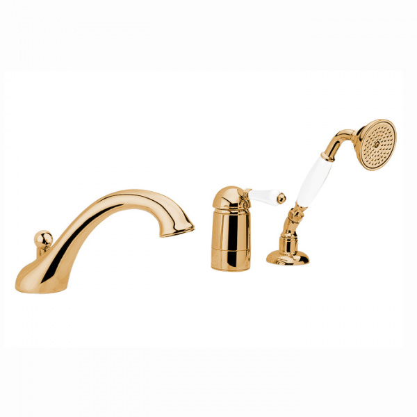 Nicolazzi P.m. Blanc Смеситель на борт ванны на 3 отверстия, с изливом 200мм и ручным душем, ручки белая керамика, цвет: золото 24к