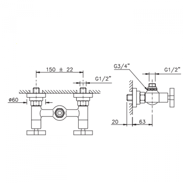 Nicolazzi M.Croce Смеситель для душа с 2мя ручками, вывод сверху 1/2, цвет: хром