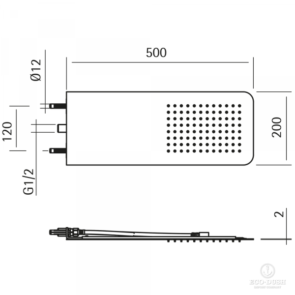 HUBER Lynox Верхний душ 500х200мм, для настенного крепления, нержавеющая сталь
