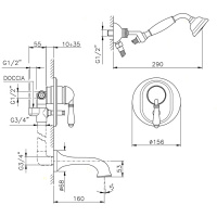 Nicolazzi Cristallo Liberty Смеситель для ванны однорычажный, встраиваемый, с изливом 160мм и ручным душем, цвет: хром