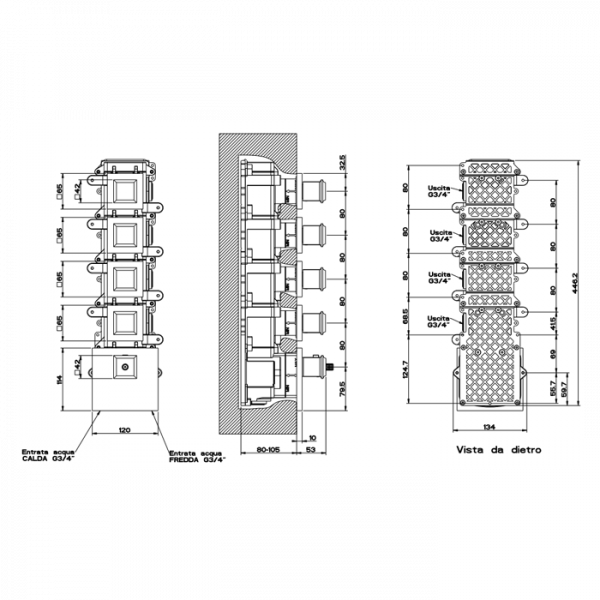 Gessi Eleganza Встраиваемый термостатический смеситель, подключение на 3/4”, с 4мя независимыми выходами, внешняя часть, цвет: хром