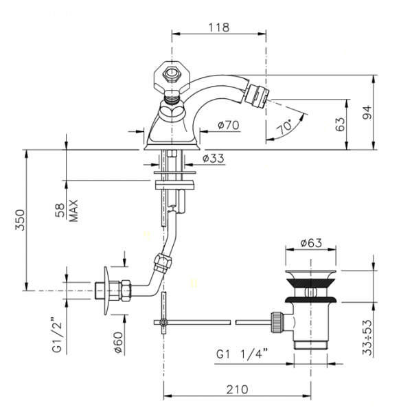 Nicolazzi Teide Смеситель для биде с донным клапаном, излив: 118 мм, ручки Crystal handle, цвет: хром