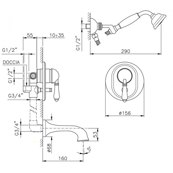 Nicolazzi Cristallo Liberty Смеситель для ванны однорычажный, встраиваемый, с изливом 160мм и ручным душем, цвет: хром