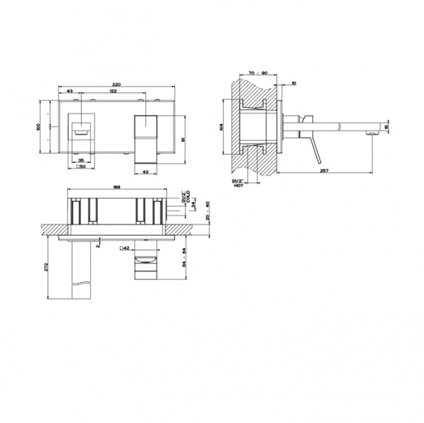Gessi Rettangolo K Смеситель для раковины, встраиваемый, однорычажный, излив 249мм, внешние части, цвет: Black XL