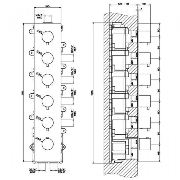 Gessi 316 Встраиваемый термостатический смеситель на 5 источников, резьба 3/4", внешняя часть, цвет: brushed black metal pvd