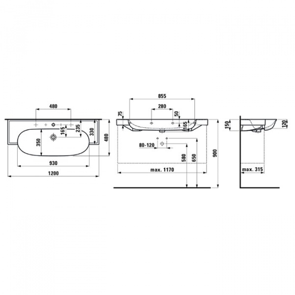 Laufen New Classic Раковина 120х48х16.5 см, без отв., накладная, с переливом, цвет: белый LCC