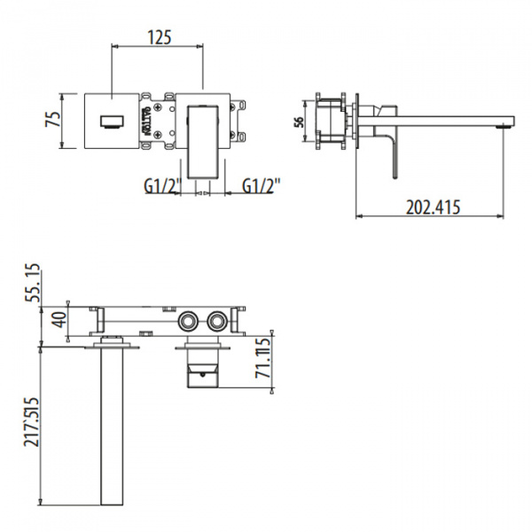 Gattoni Kubik Смеситель встраиваемый, с внутренней частью, излив 202 мм, цвет: хром